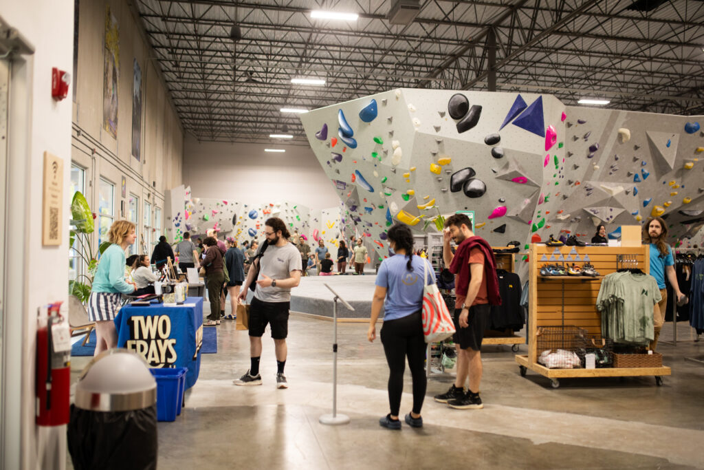 Climbers hanging out in the the climbing gym